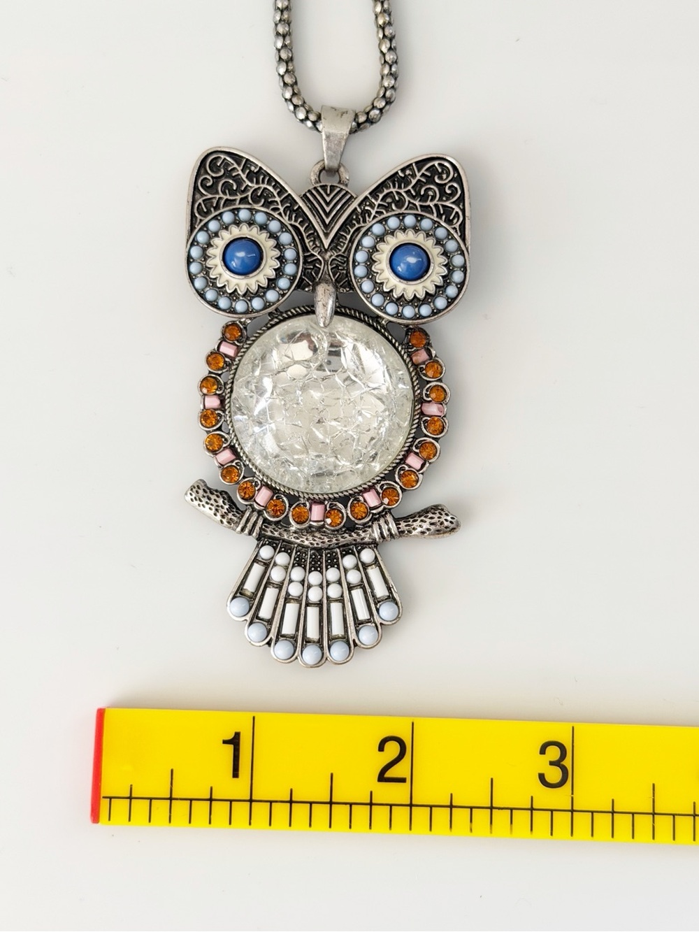 Lane Vintage Long Silver Tone Rhinestones Beaded Owl Pendant Necklace - Picture 10 of 12